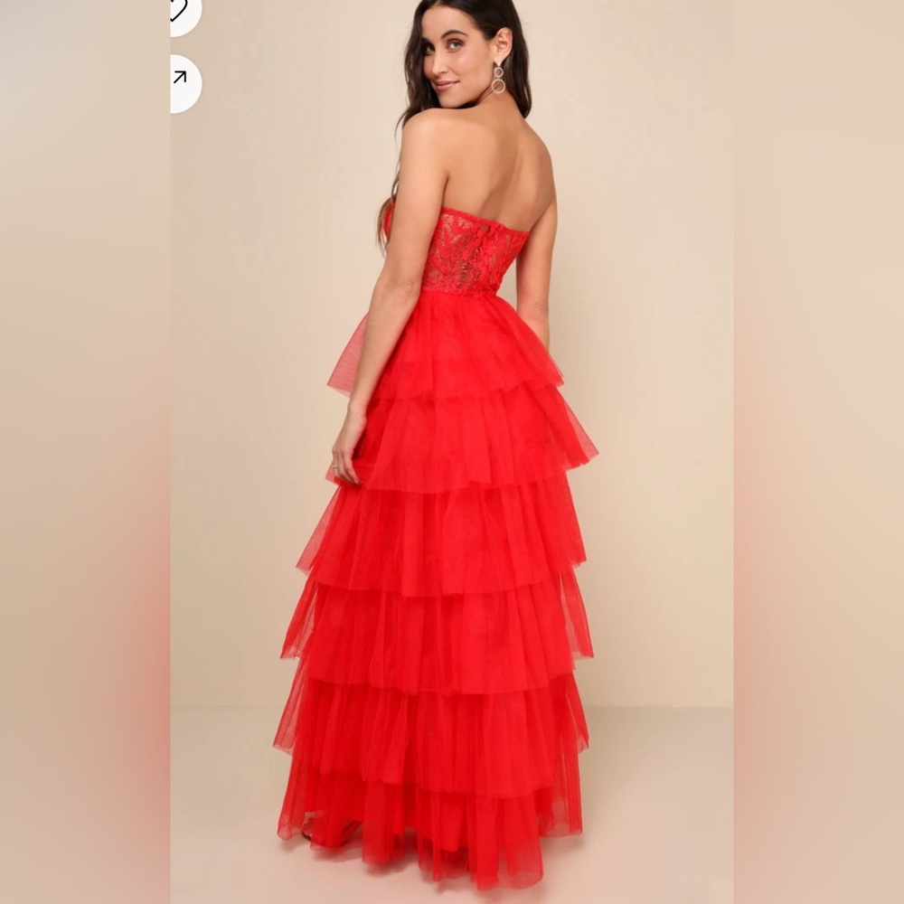 Lulus Radiant Design Red Tulle Lace Strapless Bustier Maxi Dress Size Medium - Picture 5 of 10